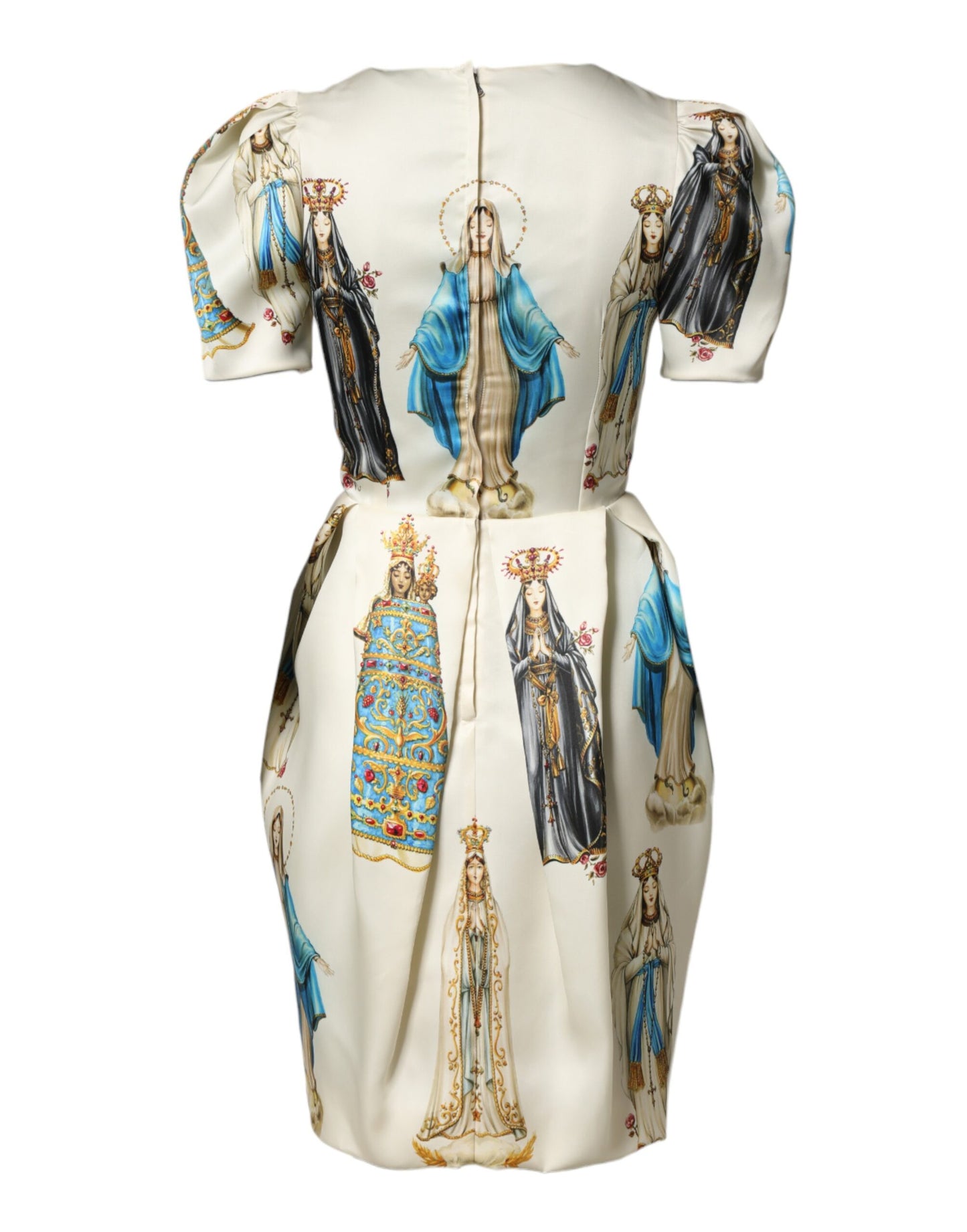 Dolce & Gabbana Beige Madonne Print Silk Short Sleeve Dress