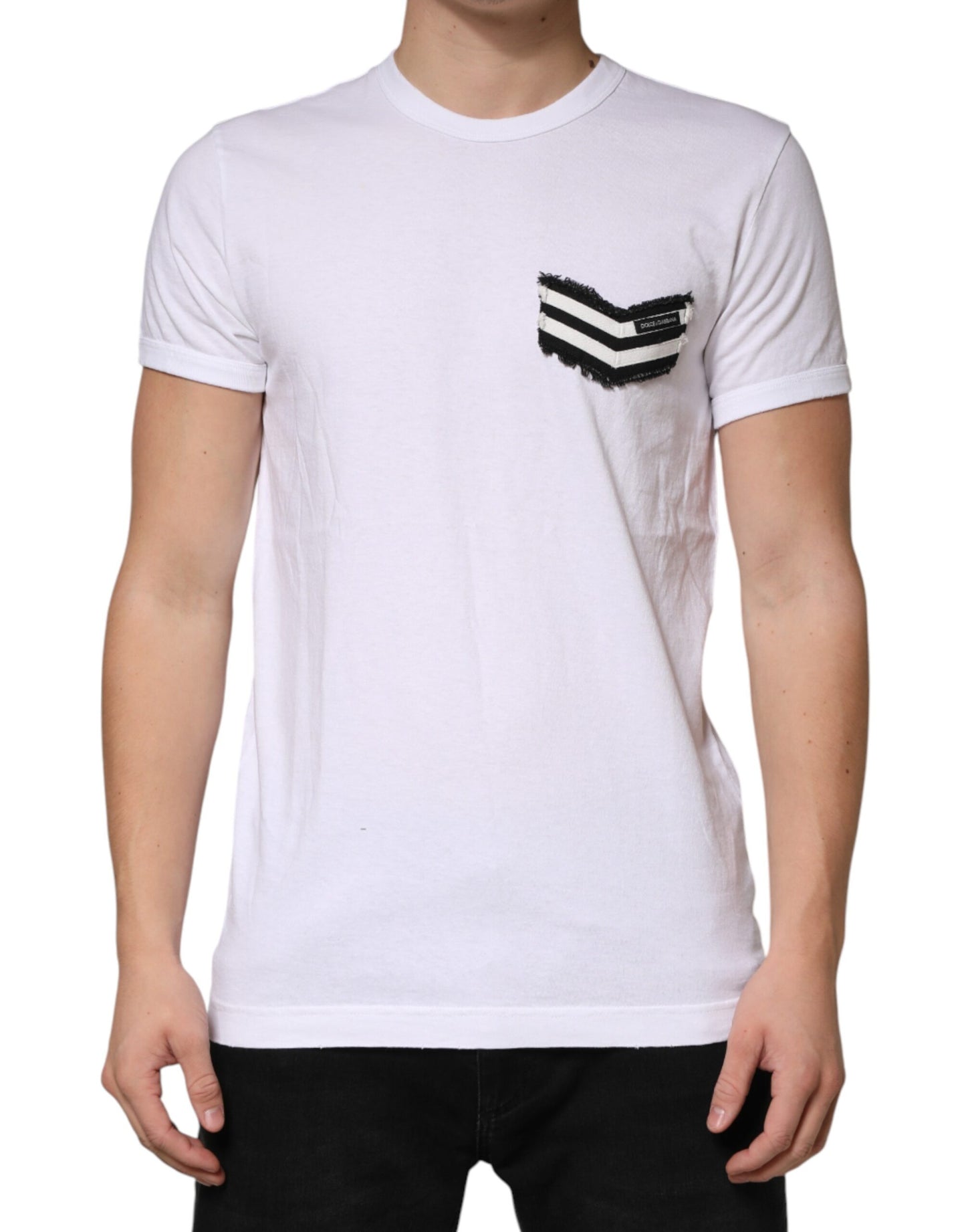 Dolce & Gabbana White Stripes Cotton Crew Neck Tee  T-shirt